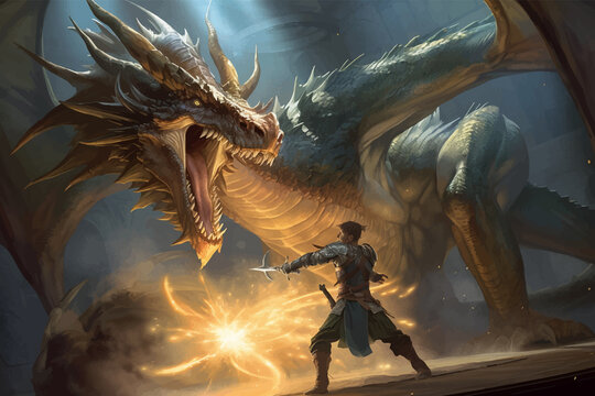 Wizard and huge dragon. Fantasy scene in the cave. Battle of a magician with a mythical creature. Fight against monster. Combat. 3D vector illustration. Image. Digital painting.