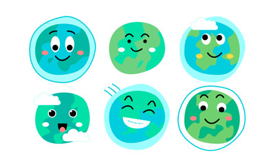 Earth Emoji Sticker Illustration. Emoji Sticker Set. Vector Illustration.