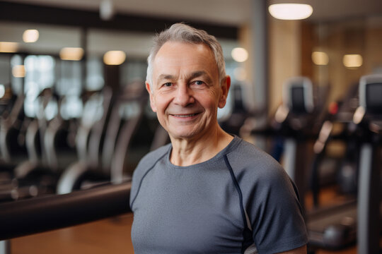 Portrait of a senior male with grey hair stood in a gym. Generative ai