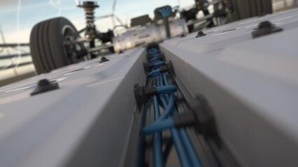 Fly-through a generic electric car revealing the chassis with battery pack while driving along a bridge with wind turbines in background. Green energy concept. High quality 3d rendering animation. - Powered by Adobe