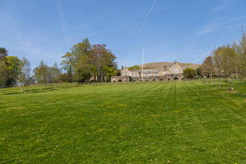Obraz premium View if the buildings of the Sedbergh village. School playground. Yorkshire Dales, England, UK.