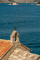 Beautiful view of the Bay of Kotor and the Church of Our Lady of the Angels Lepetane Montenegro