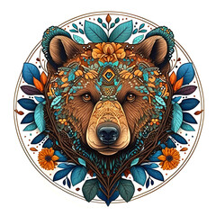  Detailed and colorful bear mandala art on a white background. Created with Generative AI technology.