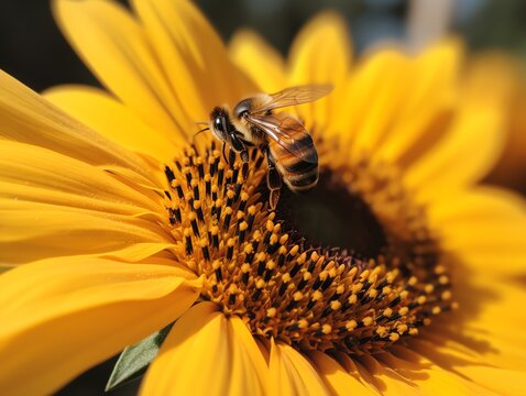 Bee on sunflower in the garden. Selective focus with shallow depth of field.