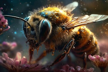 Illustration of a bee perched on a vibrant flower created with Generative AI technology