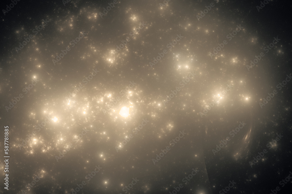 Poster yellow glowing clouds of stardust in black space. abstract fractal 3d rendering