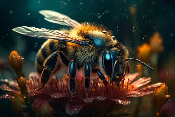 Illustration of a bee perched on a vibrant flower created with Generative AI technology