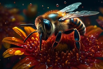 Illustration of a bee perched on a vibrant red flower created with Generative AI technology