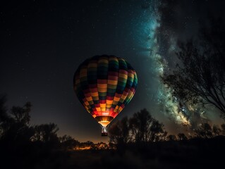Colorful hot air balloon in the night sky with milky way