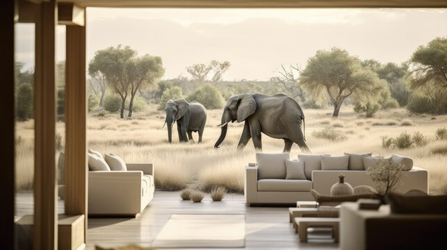 Illustration of modern light apartment with big windows.a elephants. 3d render, Generative AI 