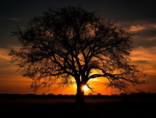 Silhouette of an old oak tree at sunset