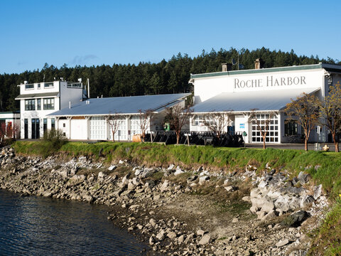 Roche Harbor, San Juan Island, USA - April 13, 2019: View of Roche Harbor resort in the evening