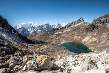 Small lake in the Khumbu valley, while approaching summit of Renjo-la pass, with mountains in the background