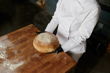 Overhead view on baker hand in gloves presenting freshly baked bread