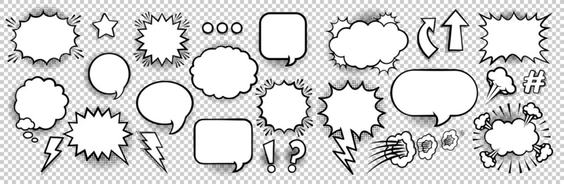 Empty comic bubbles and elements set with black halftone shadows on transparent background. Vector illustration, retro, vintage design, pop art style.