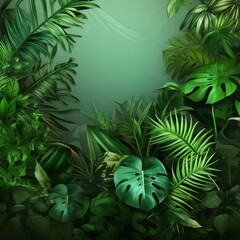 Green leaves of tropical plants bush (Monstera, palm, rubber plant, pine, bird’s nest fern) floral arrangement indoors garden nature backdrop