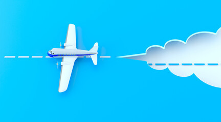 Creative concept of air travel by plane, discounts on tickets, airline. A small model of a toy airplane on the runway made of blue color paper. Copy space, flat lay. 3d render illustration.