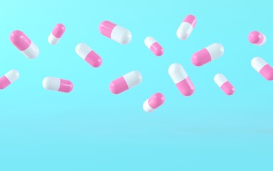 Flying medical capsules on a blue background with copyspace. Medical banner template, pink and white capsules levitate and fall. 3d render illustration.