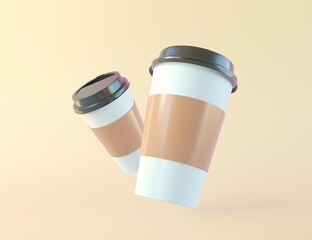 A paper coffee cup mockup with a blank label for your design. Two craft coffee cups floating, icon in clay cartoon style. Floating white cups take away. 3d render illustration.