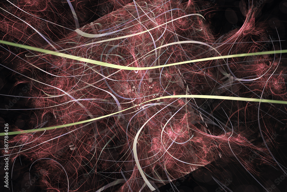 Aufkleber red yellow pattern of crooked waves and threads on a black background. abstract fractal 3d rendering