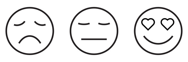 Satisfaction feedback survey emoji, flat style black line color rating emoticons. Good with heart eyes, bad, average icons with sad, neutral and happy mood face symbols isolated on white background.