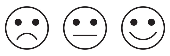 Satisfaction feedback survey emoji, flat style black line color rating emoticons. Good, bad, average icons with sad, neutral and happy mood face vector symbols isolated on white background.