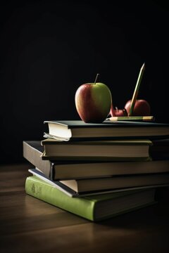 a pile of books on a teacher's desk, an apple and a pen, teachers' day, copy space