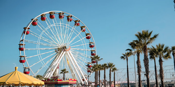 The Ferris wheel in Santa Monica, United States provides a thrilling experience for amusement park goers. - Generative AI.