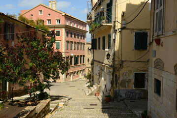 Corfu town, Corfu island, Greece- Backstreet and one of the entrances to the 15th century Venetian fort.
