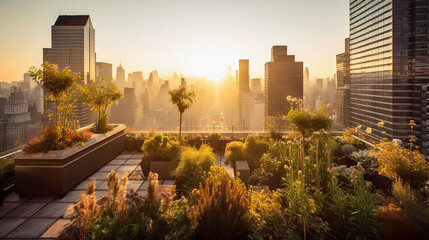 generative ai illustration of a green roof garden on a skyscraper in a big metropolis at sunset