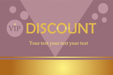 Discount card on a lilac background with a golden stripe. Vector.