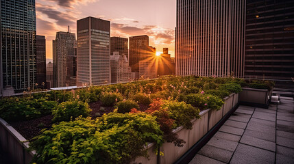 Fototapeta premium generative ai illustration of a green roof garden on a skyscraper in a big metropolis at sunset