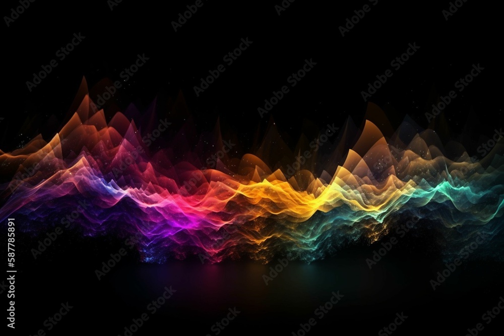 Wall mural Dark rainbow and glow wave particle abstract background, generative IA