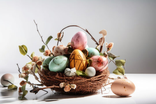 Bring a pop of color and style to your Easter decorations with a chic basket filled with colorful eggs. Generative AI.
