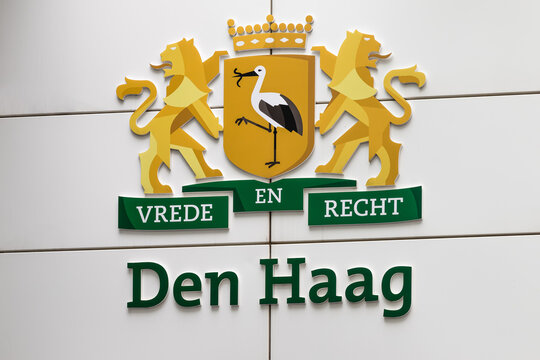 The Haque, Netherlands, March 22, 2023; Logo peace and justice at the entrance of the city hall in The Hague.