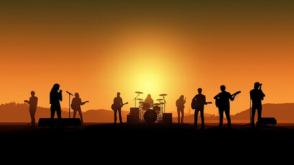 Music concert background with silhouettes of musicians on stage.generative ai