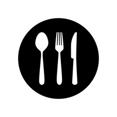 Silhouette of cutlery. Set of white  fork, knife, spoon on black circle. Logotype menu in flat style. Vector illustration