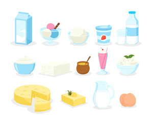 Vector collection of dairy products in flat style including milk, butter, cheese, yogurt, cottage cheese, sour cream, ice cream, cream, isolated on white