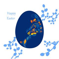 Fototapeta premium Greeting Easter card. Painted egg with unusual patterns in the traditional Ukrainian Petrykivka painting. Elements of blue and yellow floral ornament. Decorative composition.