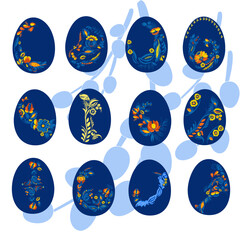 Greeting Easter card. Painted egg with unusual patterns in the traditional Ukrainian Petrykivka painting. Elements of blue and yellow floral ornament. Decorative composition.