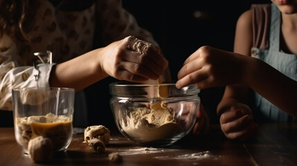 Close-up of child's hands kneading dough for cookies.generative ai