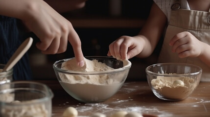 Obraz na płótnie Canvas Close-up of child's hands kneading dough for cookies.generative ai