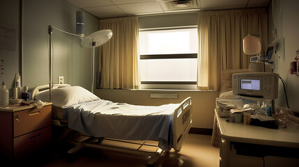 Elderly woman patient lying on bed in hospital ward. generative ai