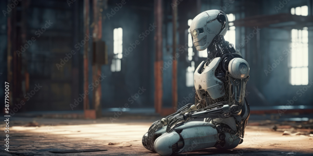 Poster mechanical ai robot that is sitting and thinking on blurred factory or warehouse background with cop