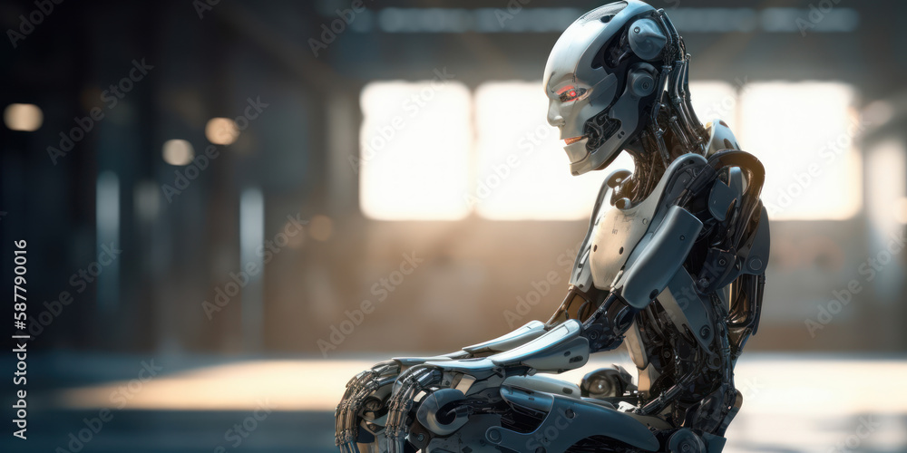 Poster mechanical ai robot that is sitting and thinking on blurred factory or warehouse background with cop