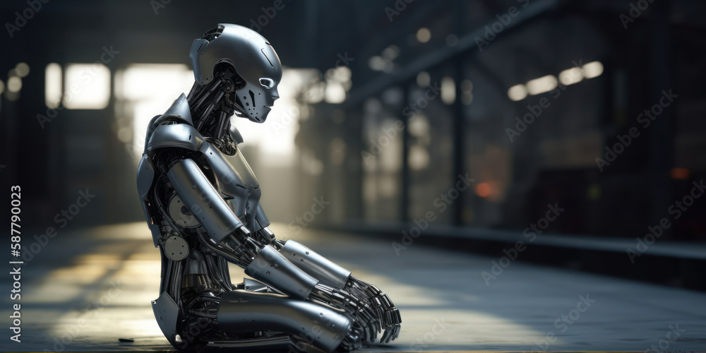 Poster mechanical ai robot that is sitting and thinking on blurred factory or warehouse background with cop