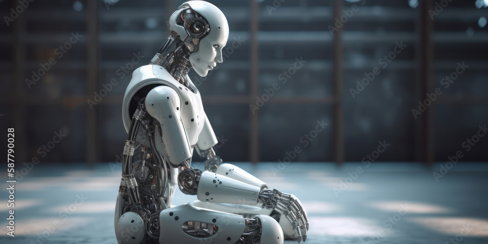 Poster mechanical ai robot that is sitting and thinking on blurred factory or warehouse background with cop