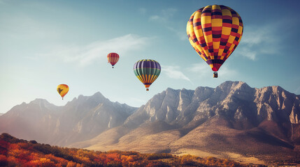Colorful hot air balloons flying over mountain. Generative Ai