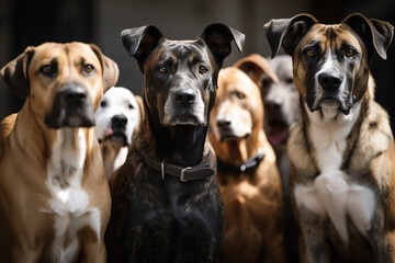 A herd, a group of abandoned dogs of different breeds sitting obediently in front of the camera. Generative ai