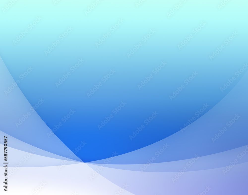 Poster curved and transparent white layers or lines on light cyan to blue color gradient background. abstra